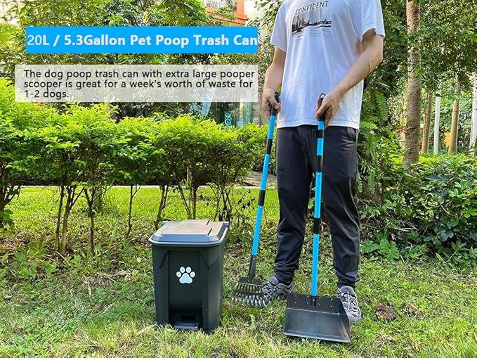 Dog Poop Trash Can for Outdoors with Extra Large Pooper Scooper & 50 Waste Bags - 20L/5 Gallon Large Dog Poop Trash Can Outside with Lid and Removable Inner Bucket Waterproof Odor Control for Backyard-PawvioPets