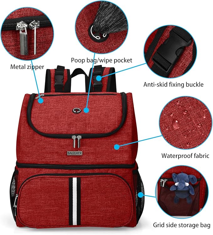 BAGLHER Pet Travel Bag, Double-Layer Pet Supplies Backpack (for All Pet Travel Supplies), Pet Travel Backpack with 2 Silicone Collapsible Bowls and 2 Food Baskets Red-PawvioPets