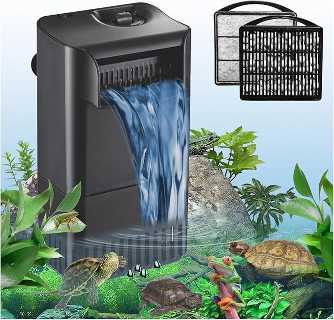 222GPH 10W Turtle Tank Filter Aquarium Filter Power Adjustable 10-40 Gal. Small Internal Filter 3-Stage Waterfall Bio-Filtration Quiet Low Water Level for Freshwater Saltwater Fish Tank Easy to Clean-PawvioPets