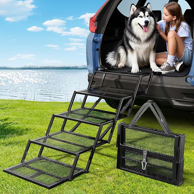 Dog Stairs for Large Dogs, Linvivon Extra Wide 20" Dog Steps with Non-Slip Surface and Reflective Strips, Outdoor Foldable Dog Ramp for Stairs, Car, Truck and SUV, Supports Up to 400LBS, 5 Steps-PawvioPets