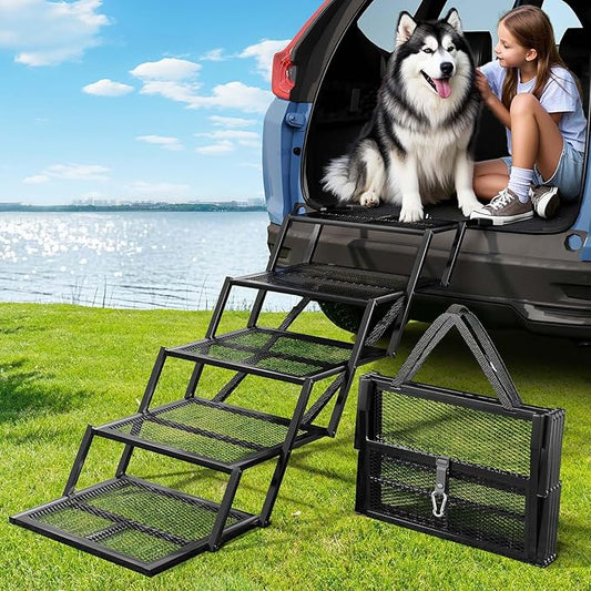 Dog Stairs for Large Dogs, Linvivon Extra Wide 20" Dog Steps with Non-Slip Surface and Reflective Strips, Outdoor Foldable Dog Ramp for Stairs, Car, Truck and SUV, Supports Up to 400LBS, 5 Steps-PawvioPets