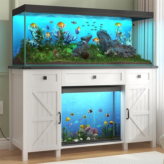 55-75 Gallon Aquarium Stand With Charging Station, Farmhouse Fish Tank Stand, Reptile Tank Stand Terrarium Stand with Drawer and Cabinet Storage, Sturdy Heavy Duty 53.5"×19.7" Tabletop - White-PawvioPets