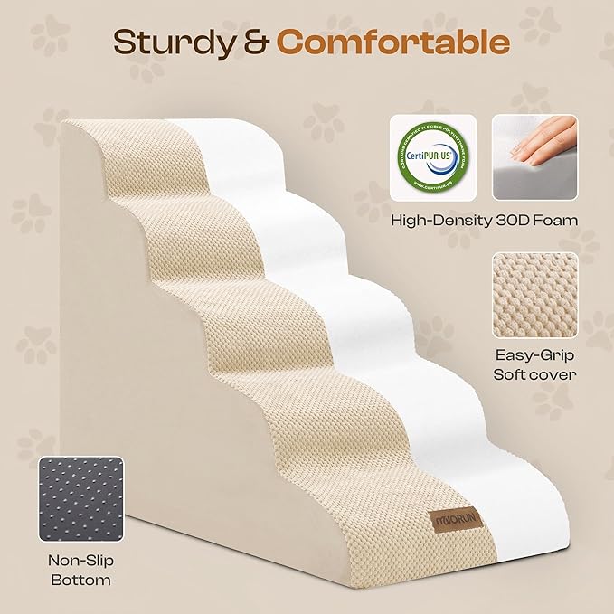 Dog Stairs for High Beds, Extra Tall 24.5" 5-Step Pet Steps for Medium & Small Dogs, Foam Ramp for Tall Couch & Bed, Washable Cover - Dog Steps for Bed-PawvioPets