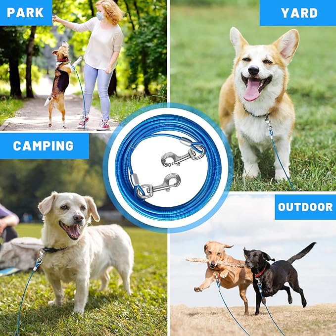 Dog Tie Out Cable 10/15/20/25/30 FT Runner for Yard Steel Wire Cable with Durable Superior Clips Blue Chains for Outside Dog Lead for Large Up to 165 Lbs-PawvioPets