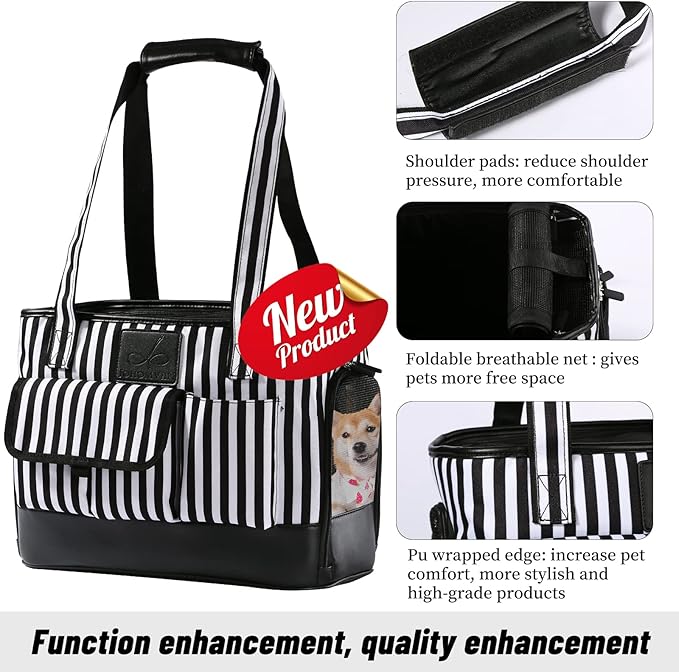 Cat Carrier, Dog Carrier, Pet Carrier, Foldable Waterproof Premium PU Leather Oxford Cloth Dog Purse, Portable Bag Carrier for Small to Medium Cat and Small Dog - Black White Stripes New-PawvioPets