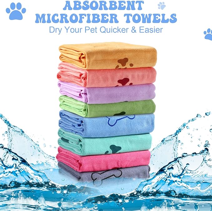 8 Pcs Dog Towels Pet Bath Drying Towels 55 x 28 Inches Large Absorbent Microfiber Quick Fast Drying Soft Beach for Lightweight Cat and Puppy Shower Essentials Cleaning Accessories(Multicolor)-PawvioPets