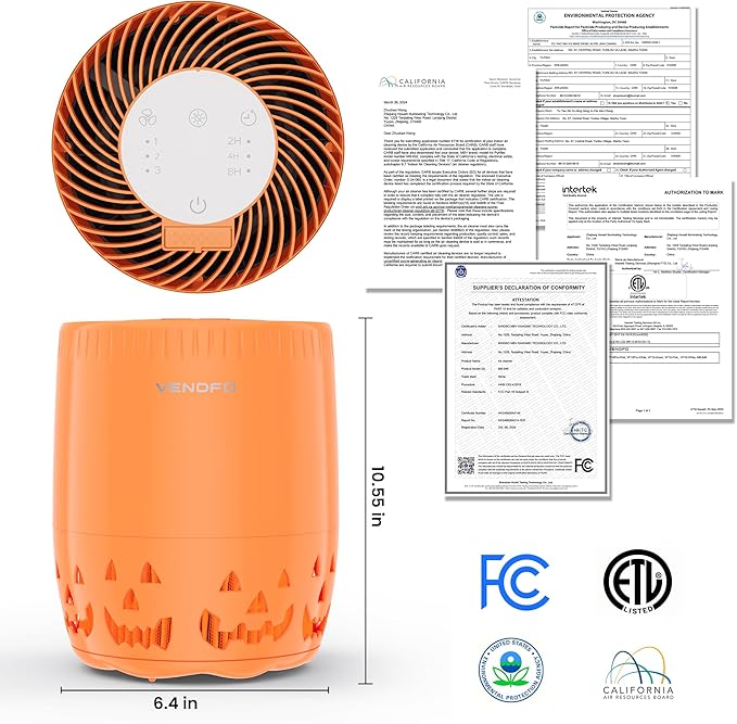 Air Purifiers for Home Bedroom up to 1076ft², True HEPA Air Filters Dust Pets Smoke Hair, 3 Fan Speeds Quiet, Timer Settings, Rechargeable Air Cleaner Office, Bedroom, Pets, Car(Orange)-PawvioPets