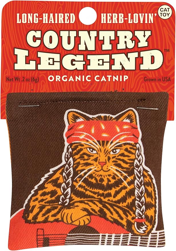 Blue Q Long-Haired, Herb-Lovin' Country Legend Catnip Cat Toy. Premium Organic Catnip Grown in The USA, 100% Cotton Pouches, Kitty Graphics Sure to Delight Every Cat-Keeper.-PawvioPets