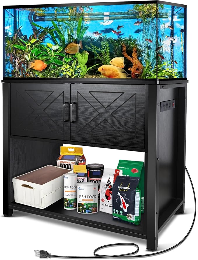 40 Gallon Tank Stand with Cabinet and Power Outlets, Heavy Duty Metal Aquarium Stand for 40-50 Gallon Breeder Tank, Turtle Tank, Double Terrarium Stand, 660LBS Capacity, Black-PawvioPets