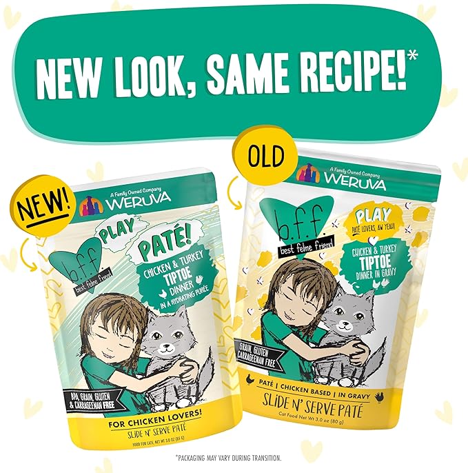 B.F.F. PLAY - Best Feline Friend Paté Lovers, Aw Yeah!, Chicken & Turkey Tiptoe with Chicken & Turkey, 3oz Pouch (Pack of 12)-PawvioPets