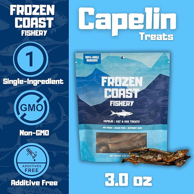 Frozen Coast Capelin Cat & Dog Treats- Single-Ingredient, All-Natural, High-Protein, Omega-3s, Fish Snacks (3 oz Bag)-PawvioPets