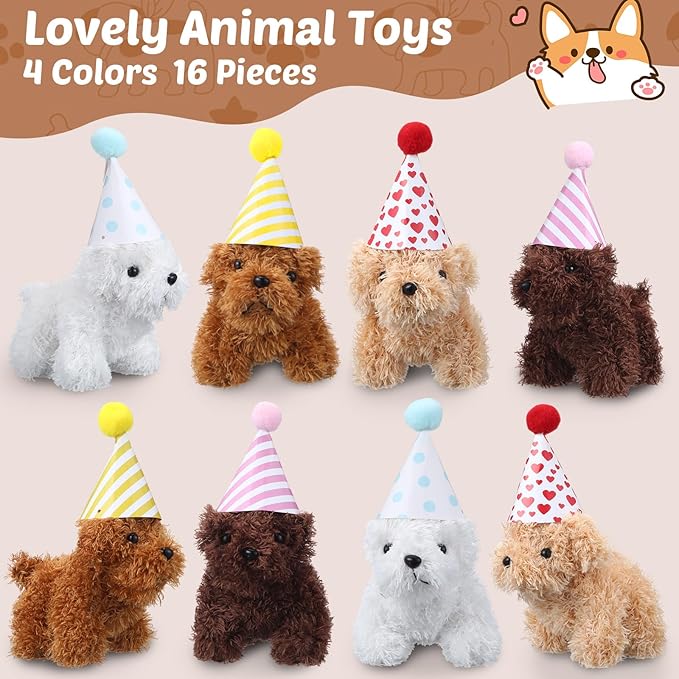 20 Pcs Mini Plush Dog Bulk 4 Inch Small Stuffed Puppy Set Include 20 Adopt a Pet Kraft Paper Boxes and 20 Cute Cone Hats Soft Dog Animals for Kids Birthday Adopt a Puppy Favor Gifts-PawvioPets