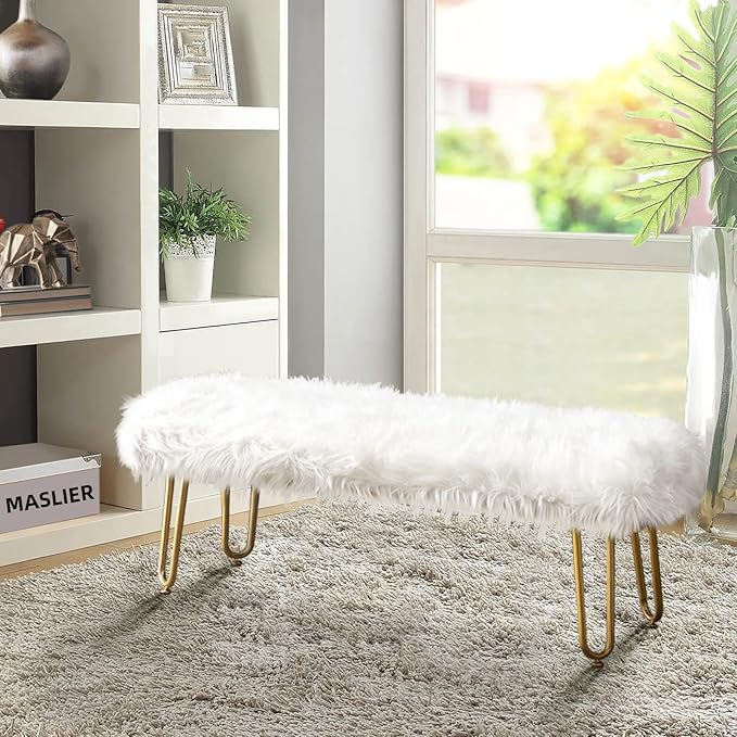 42.5Inch White Bedroom Bench, Benches for Bedroom White Faux Fur Upholstered Bed end Bench, Tufting Bench Indoor Bench with Metal Legs for Living Room Bedroom Dining Room Entryway-PawvioPets