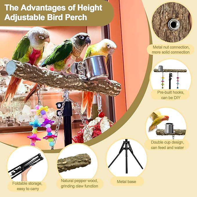 16-63 Inch Height Adjustable Bird Perch Pepper Wood Parrot Training Perch Stand with Feeding Cups and Swing Toy Parakeet Perches Indoor and Outdoor Parrot Stands for Small to Medium Bird-PawvioPets