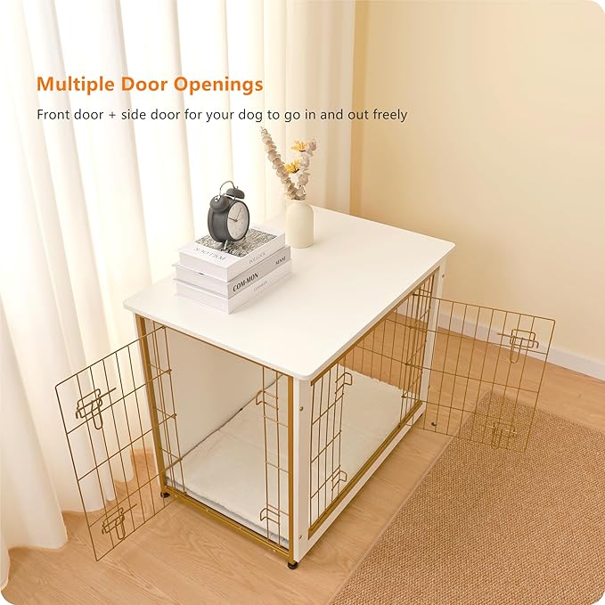 DWANTON Dog Crate Furniture with Cushion, Wooden Kennel Table with Double Doors, Indoor Dog House, Medium Size, 32.5" L, White-PawvioPets