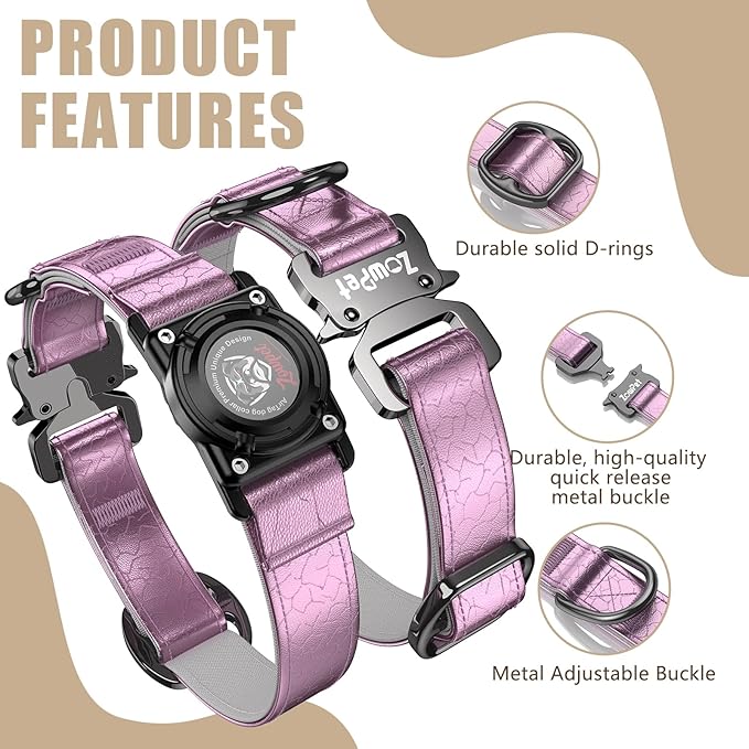 AirTag Dog Collar - Leather Dog Collar with Airtag Holder | IP68 Waterproof AirTag Holder with Metal Buckle, Comfortable GPS Dog Collars Tracker for Medium Large Dogs (Rose Gold, L)-PawvioPets