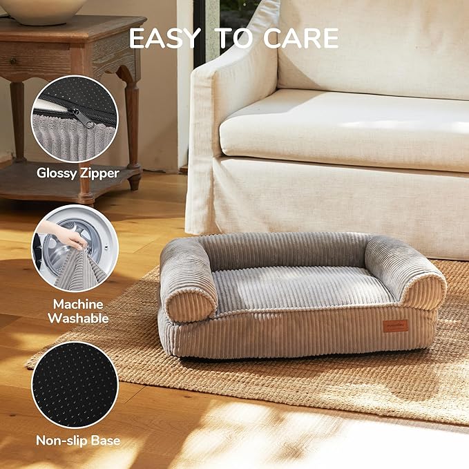 FUKUMARU Dog Couch Bed, Corduroy Cozy Cat Bed for Indoor Cats with Washable Cover, Supportive Waterproof Dog Beds Sofa for Small Dogs and Large Cats Cute, 28inch, Medium, Light Grey-PawvioPets