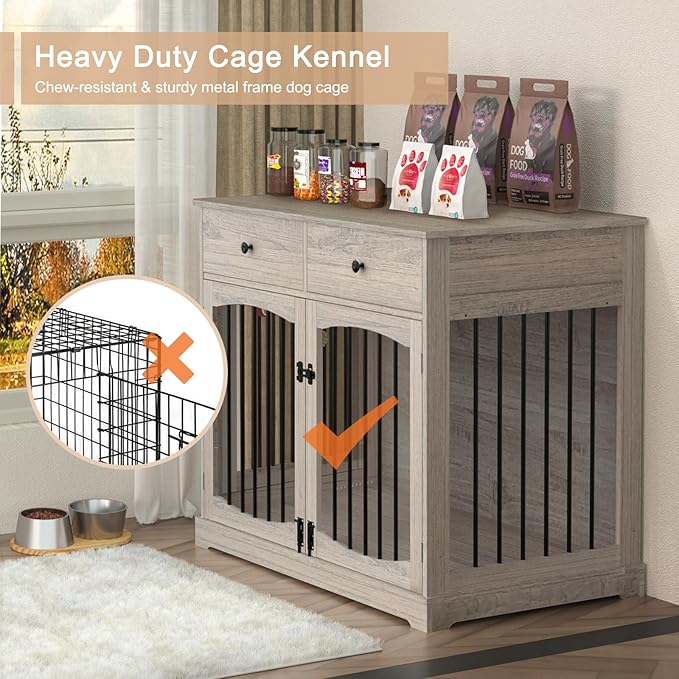 BREEZEHEAT 40 inch Dog Crate Furniture-Farmhouse Dog Kennel with Drawers-End Table Wooden Pet Crate, Double Door Design, Decorative Dog House Indoor for Small Medium Large Dog, Oak Grey-PawvioPets