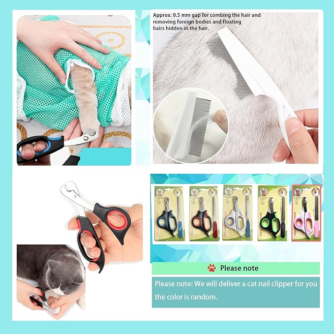 8 Piece Cat Grooming Supplies ，Adjustable Multifunctional Anti-Bite Shower net Bag，Cat Claw Covers，Cat Bath Brush and Cat Nail Clipper(Grey-B)-PawvioPets