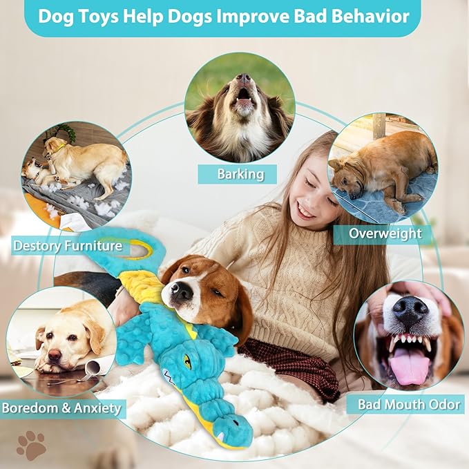 Dog Toys Cute Alligator Dog Toy Tough Plush Puppy Toy for Playtime, Training & Tug of War- Interactive Squeaky & Crinkle Chew Toy for Small to Large Dogs-PawvioPets