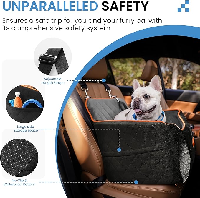 Dog Car Seat for Small Dogs - Puppy Car Seat with Safety Strap & Waterproof Padding, Portable Pet Carrier for Cars, Trucks & SUVs, Comfortable Elevated Bed for Pets Up to 35lbs (Black/Grey)-PawvioPets
