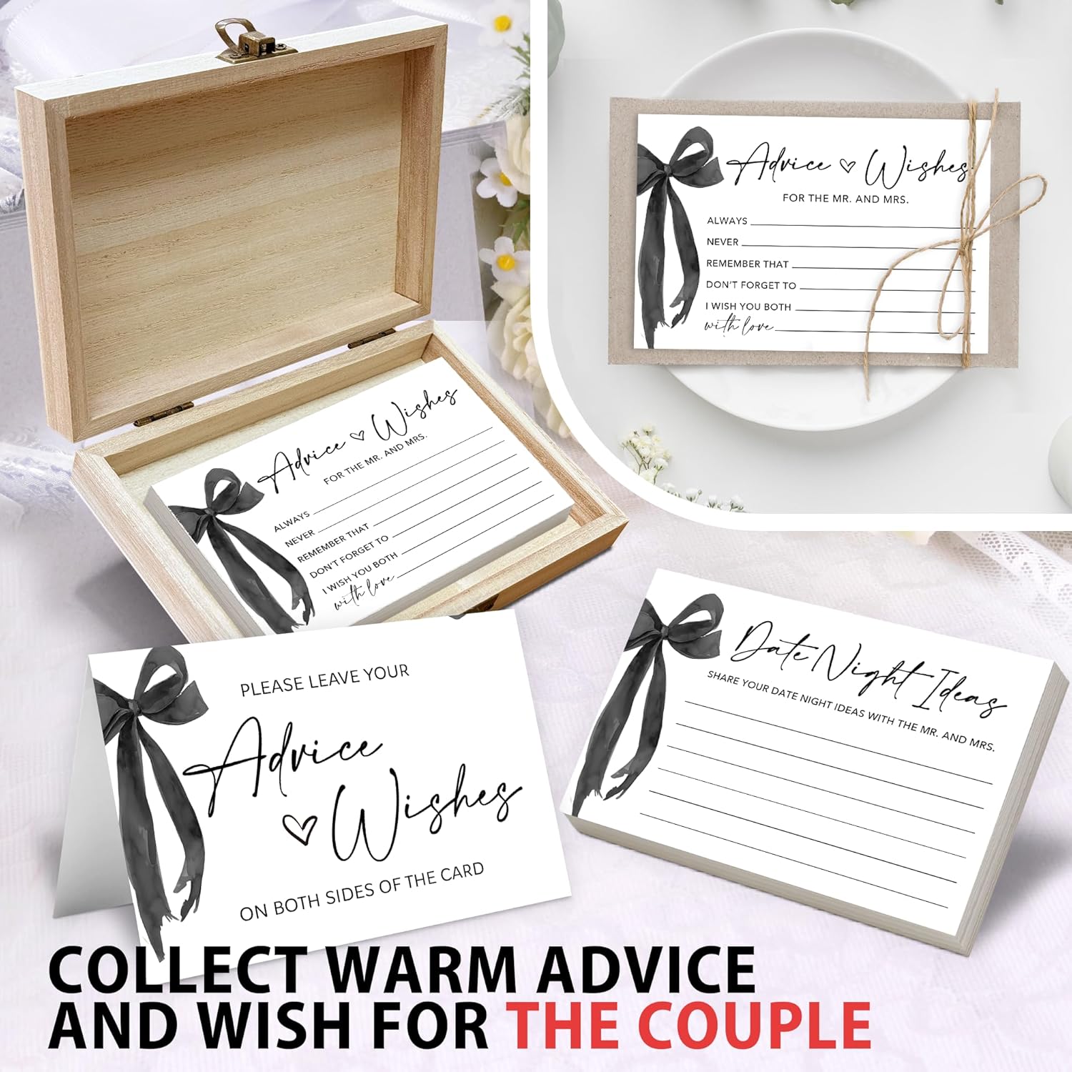 50 Pcs Advice and Wishes for the Mr and Mrs Cards in Box - Bridal Shower Guest Book - Perfect for Newlywed Games, Reception Decor, Engagement Parties & Anniversary Wishes(Black Bow) - B07