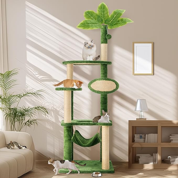 55 Inch Large Cat Tree Tower for Indoor Cats with Hammock Green Leaves Sisal Scratching Post, Plush Hang Ball Play Furniture for Kittens & Adult Cats,New Green-PawvioPets