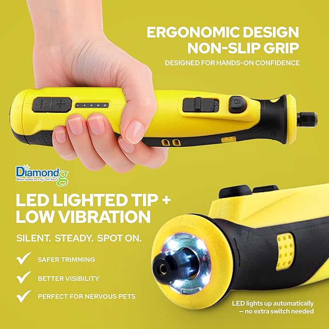 Diamondg Cordless Dog Nail Grinder with Quiet Sound & LED Tip for Large & Small Dogs, 4hrs. Runtime, 2 Bits Included, Yellow-PawvioPets