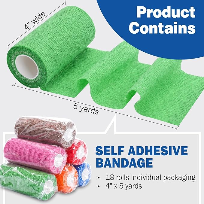 AZEN 18 Pack Self Adhesive Bandage Wrap, 4" X 5 Yards Elastic Cohesive Bandage Wrap, Color Athletic Tape, Tattoo Grip Tape Wra, Ankle Tape, Vet Wrap-PawvioPets