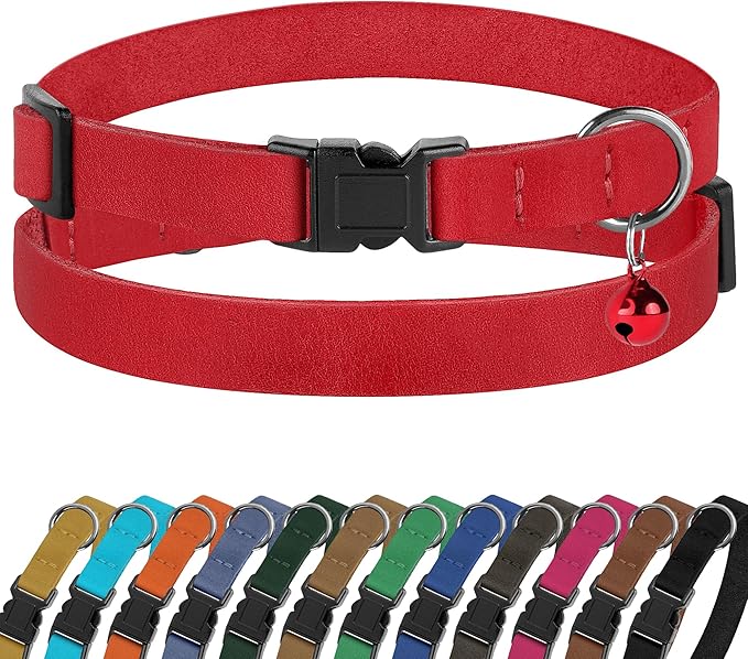 Breakaway Cat Collar Leather with Removable Bell - 13 Colors Available - Soft Adjustable Girl Boy Safety Lightweight Pet Kitten Collars Pink Brown Blue Green Red Orange Black (Red)-PawvioPets