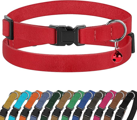 Breakaway Cat Collar Leather with Removable Bell - 13 Colors Available - Soft Adjustable Girl Boy Safety Lightweight Pet Kitten Collars Pink Brown Blue Green Red Orange Black (Red)-PawvioPets