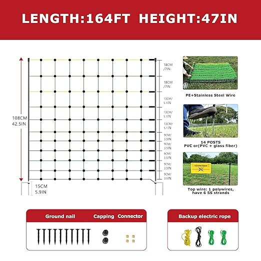 Electric Fence Netting, 164'L x 47.2" H Electric Chicken Fence Kit for Livestock, Farms, Backyards, Garden, Assembled Double Spiked Portable Electric Poultry Farm Fence-PawvioPets