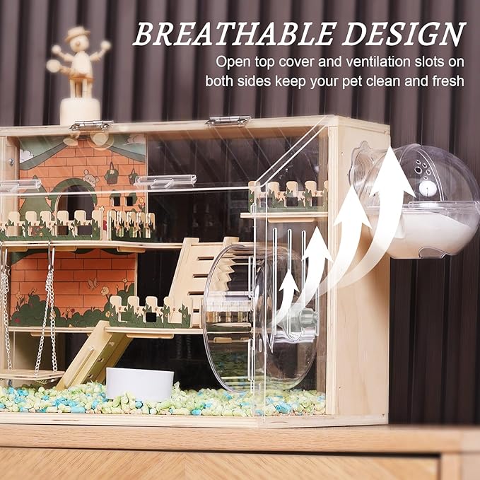 11 in 1 Wooden Hamster Cage with All Accessories, 15.8 Inch 3-Layer Dwarf Hamster Cage Acrylic,Small Animal Cages, Pastoral Style Mouse Cage for Pet Mice, Hedgehog, with Stairs, Fences and Swing-PawvioPets