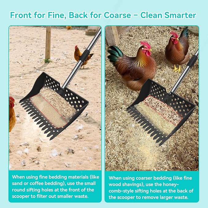 12-Inch 2-in-1 Chicken Poop Scooper & Rake – US Patent Pending – 3-Shape Sifting Holes Chicken Coop Rake，Stainless Steel Handle （20–61"）– Litter Scoop Sand & Sifting Shovel for Chicken Coops (Black)-PawvioPets