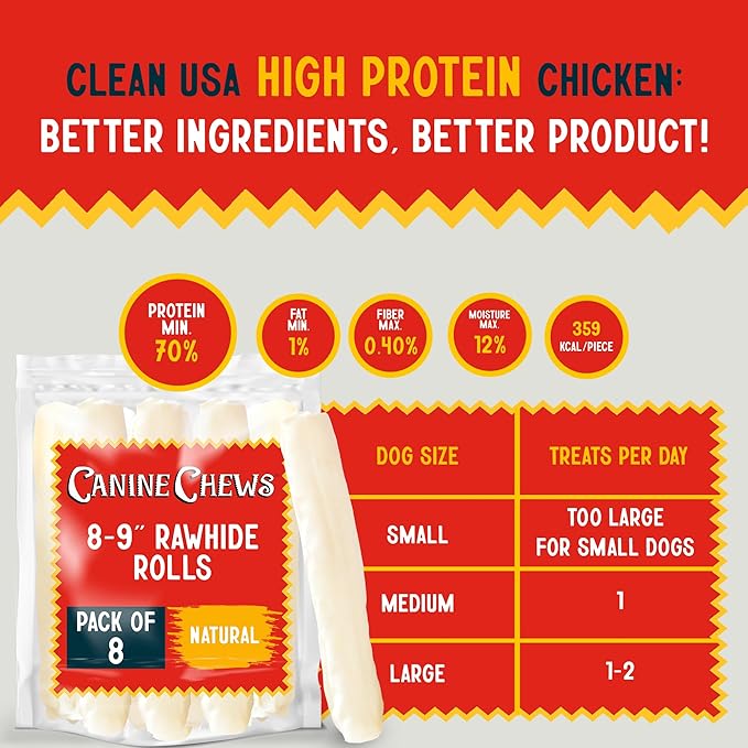 Canine Chews 8-9" Retriever Roll Rawhide Bones for Large Dogs - Durable, Thick Rawhide Bones, Quality Dog Rawhide Chews for Medium to Large Dogs, Thick Size Keeps Dogs Occupied (8 Pack)-PawvioPets