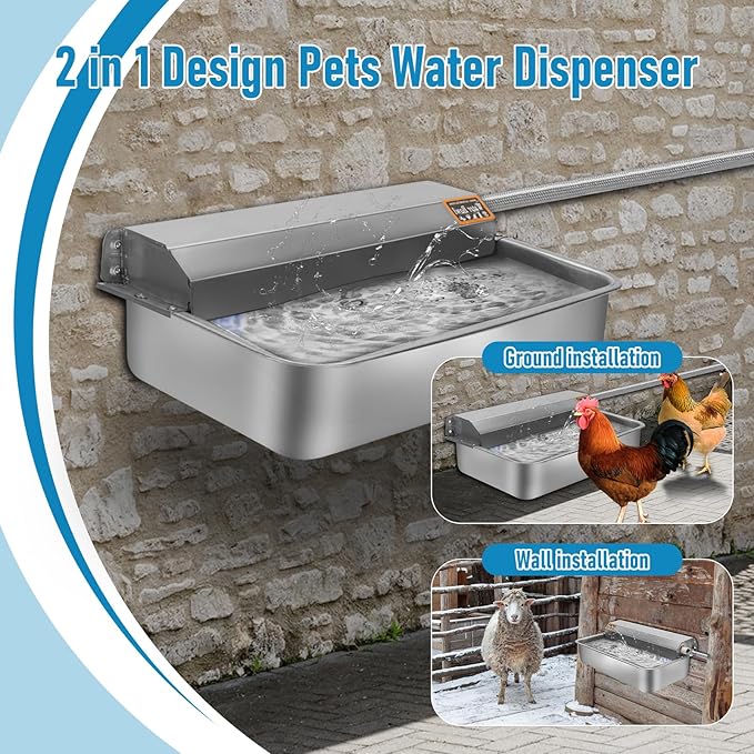 6L Automatic Dog Water Dispenser Bowl for Large Dogs, 304 Stainless Steel Wall Mounted Pet Waterer with Float Valve, Self-Filling Outdoor Water Trough for Pets/Livestock-PawvioPets