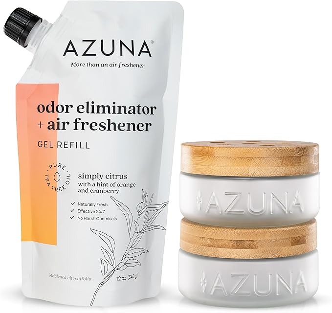 Azuna Air Freshener & Odor Eliminator for Strong Odor | 2 Room Kit Includes (2) Empty Luxe Glass Jar & 12oz Gel Refill with Tea Tree Essential Oil | Simply Citrus | Last 60-90 Days-PawvioPets
