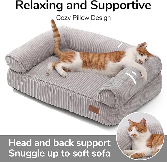 FUKUMARU Dog Couch Bed, Corduroy Cozy Cat Bed for Indoor Cats with Washable Cover, Supportive Waterproof Dog Beds Sofa for Small Dogs and Large Cats Cute, 28inch, Medium, Light Grey-PawvioPets