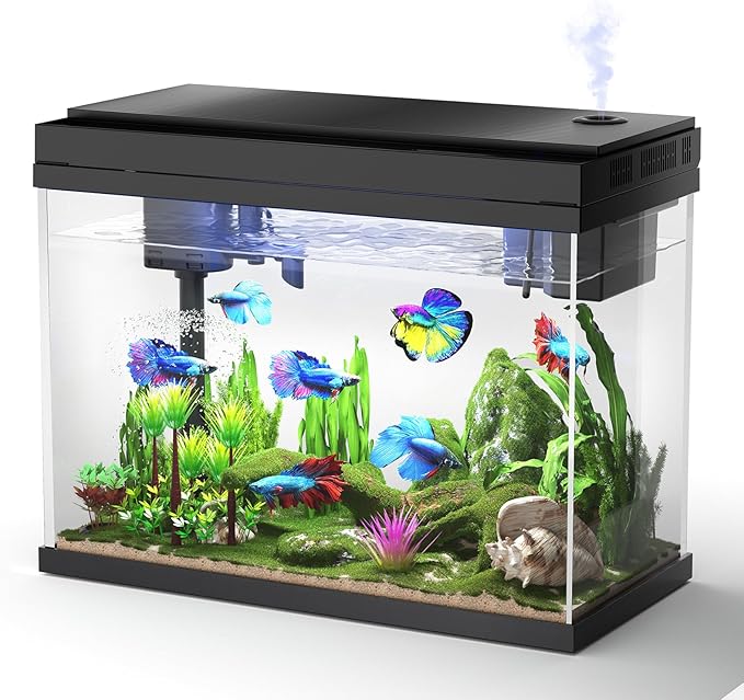 Fish Tank Aquarium Kit, 2.38 Gallon Beta Fish Aquariums, UHD Glass,Temperature Sensing, 7-Color Lighting Small Fish Tank for Kids/Desktop Decor-PawvioPets