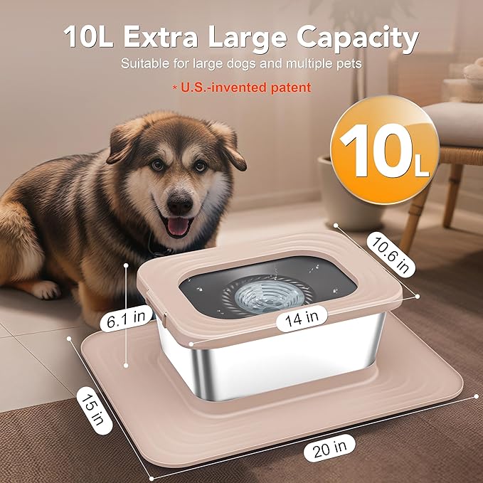 Decflow 10L Stainless Steel Dog Water Bowl, No Spill Anti-Splash Dog Bowls with XXL Silicone Mat, Spill-Proof Slow Feeder for Messy Drinkers, Heavy Duty Pet Bowls Indoor/Outdoor Use-PawvioPets