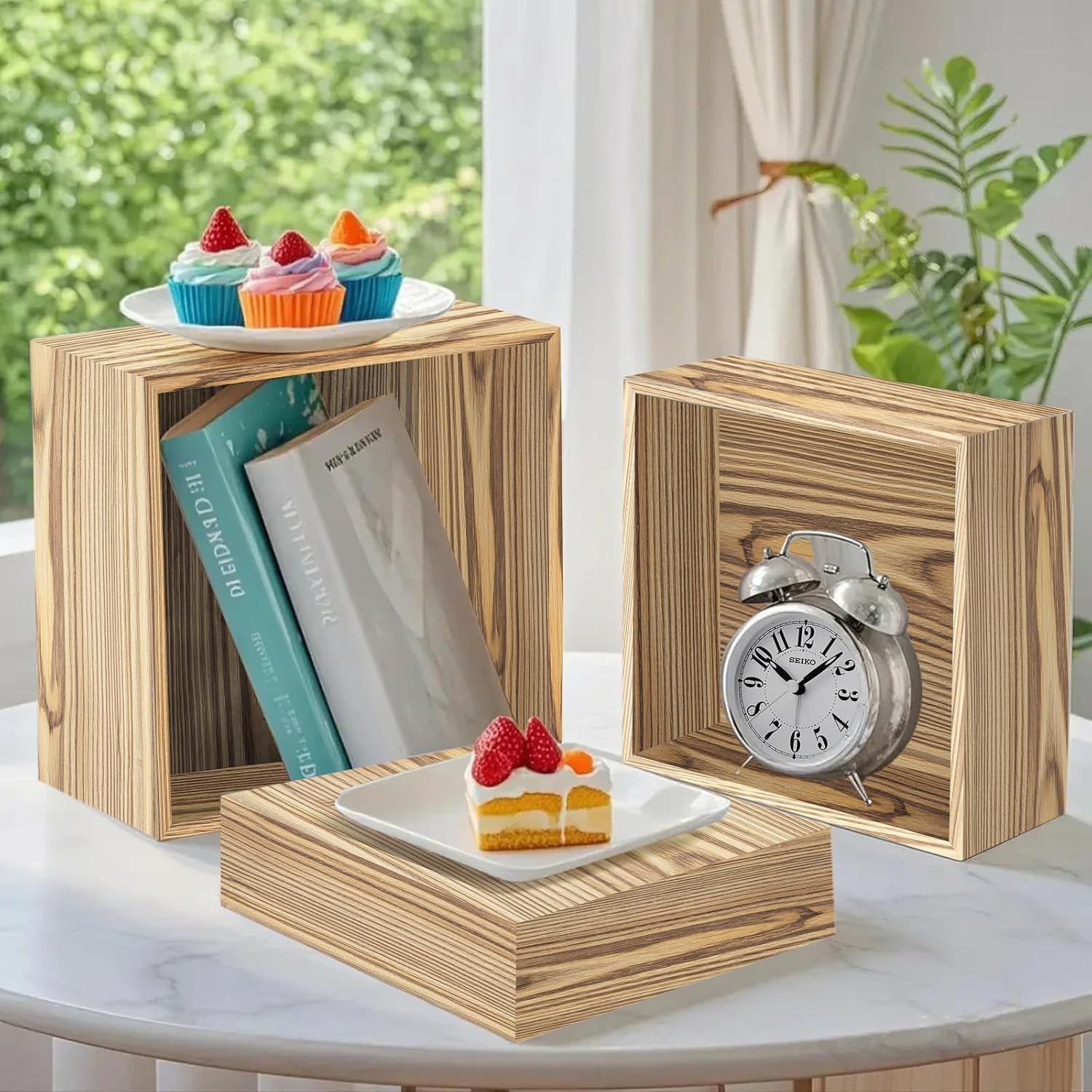 4 Pcs Buffet Risers, Wood Food Riser Dessert Display Stand for Party Wood Cupcake Stands Nesting Box for Display (Lightly Burnt)