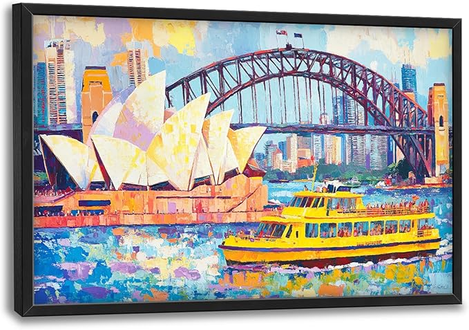 Extra Large Sydney Opera House Framed Wall Art for Living Room,Oversized Abstract Harbour Bridge Cityscape Pictures Wall Decor,Canvas Print Painting Modern Artwork Bedroom Office Bathroom 36L" x 24W"-PawvioPets