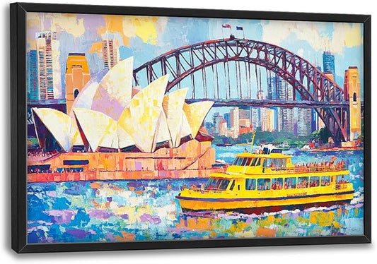 Extra Large Sydney Opera House Framed Wall Art for Living Room,Oversized Abstract Harbour Bridge Cityscape Pictures Wall Decor,Canvas Print Painting Modern Artwork Bedroom Office Bathroom 36L" x 24W"-PawvioPets