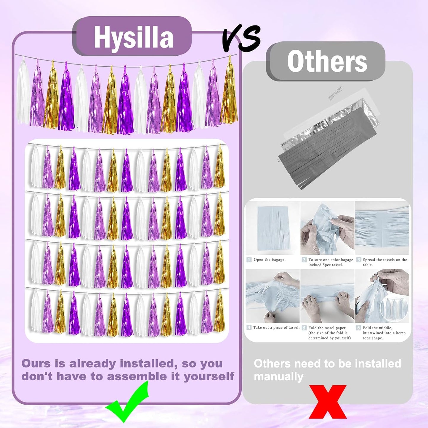 8P Purple-Gold Party Decoration Tassel Garland, Tassels Banner Streamers for Parade Floats, Bachelorette, Wedding, Birthday, Halloween, Christmas, Bridal/Baby Shower Party Decorations