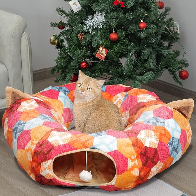 AUOON Cute Cat Donut Tunnel - Interactive Cat Tunnel Bed for Indoor Cats Kitten Kitty Puppy Rabbit Ferret (Orange)-PawvioPets