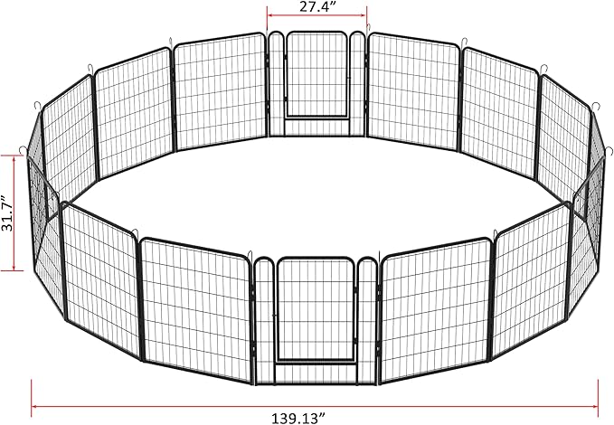 Dog Playpen, Outdoor Dog Fence, 16 Panels, 32" H Dog Pen for Medium/Small Dogs, Heavy Duty Metal Pet Fence with Gate, Portable Dog Fence for RV Camping and Yard (Black)-PawvioPets