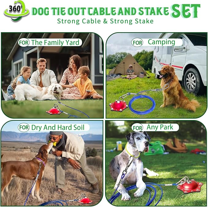 Dog Tie Out Cable and Stake for Yard,(up to 200lbs) 360°Swivel Dog Run Anchors- No Tangle,with 30FT Heavy Duty Tie Out Cable for Dogs,Runner for Yard,Ideal for Outdoor Camping-PawvioPets