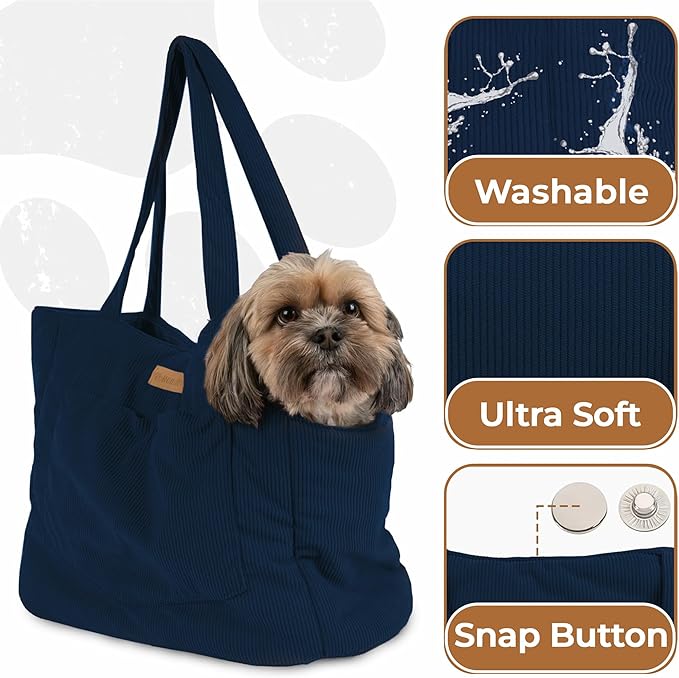 Corduroy Dog Carrier - Lightweight Cotton Soft-Sided Pet Tote with Safety Harness Clip - Breathable Travel Carrier for Small Dogs and Puppies (Dark Blue)-PawvioPets