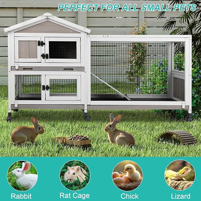 2-Tier Rabbit Hutch with Wheels, Indoor & Outdoor Small Animal Cage with Deep Pull-Out Tray, Anti-Chew Frame, Habitat for Bunny, Guinea Pig, Chinchilla (60" L x 19" W x 35" H)-PawvioPets