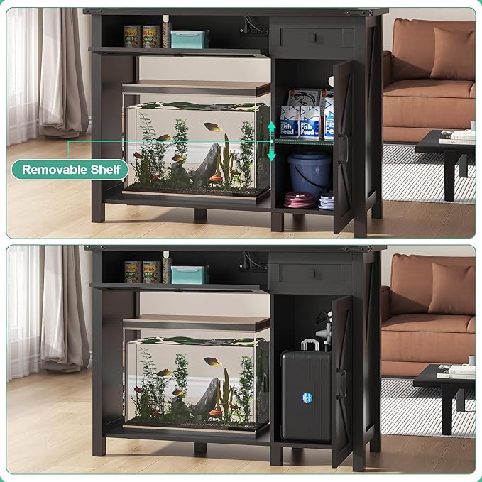 40 Gallon Aquarium Stand With Charging Station, Farmhouse Fish Tank Stand, Reptile Tank Stand Terrarium Stand with Drawer and Cabinet Storage, Sturdy Heavy Duty 41.9"×18.3" Tabletop - Black-PawvioPets